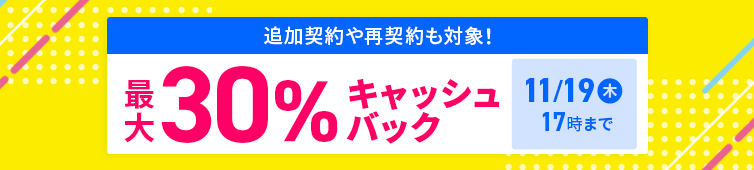 最大30%キャッシュバックキャンペーン 11月19日(木)17:00まで