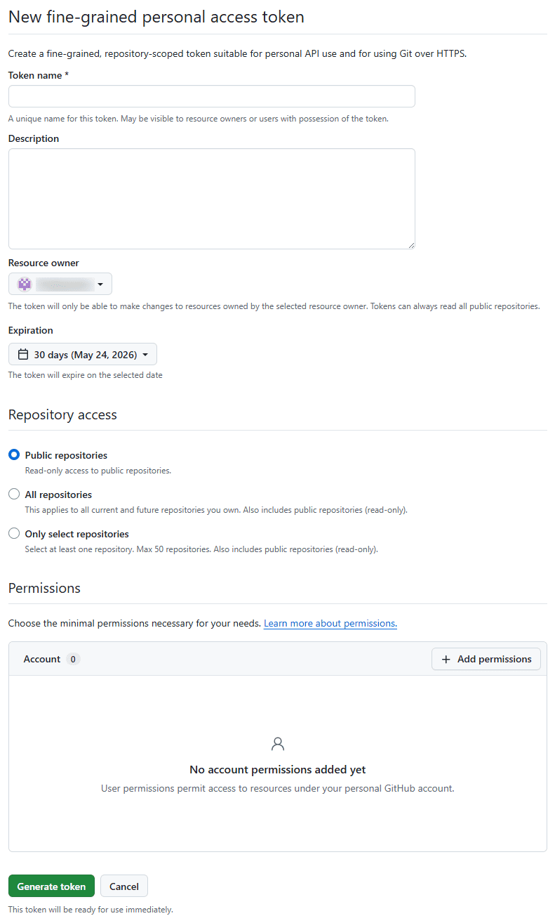 画像：「Personal Access Token」の作成画面