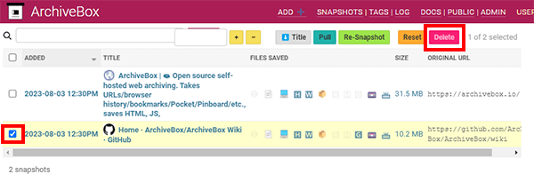 チェックを入れDelete